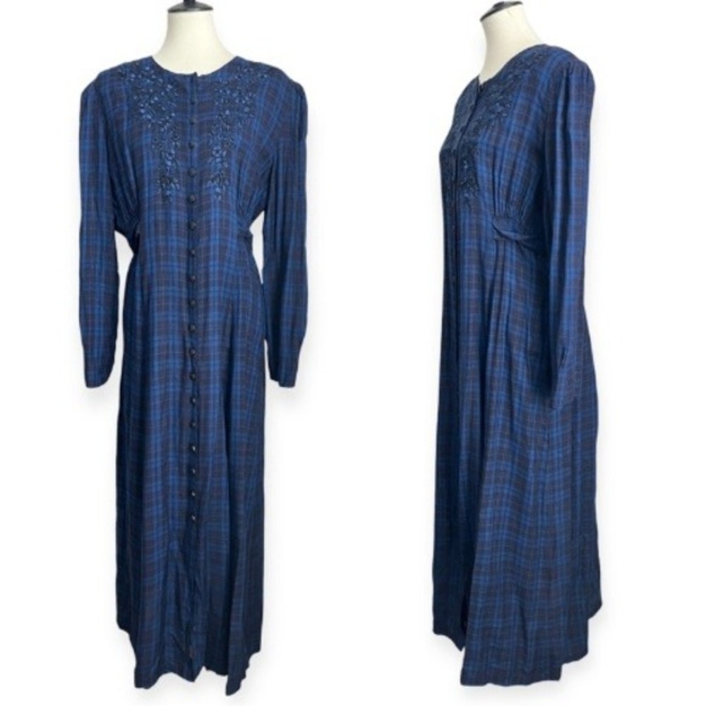 Vintage Sarah Elizabeth Maxi Dress Tartan Plaid Embroidered Dark Academia Sz 14‎